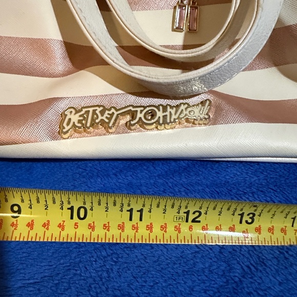 Betsey Johnson Rose Gold and White Striped Shoulder Tote with Charm - Picture 6 of 11